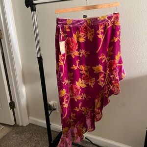 NWT Forever 21 Sz M Asymmetrical Skirt Velvet Floral Magenta Rust Romantic Boho